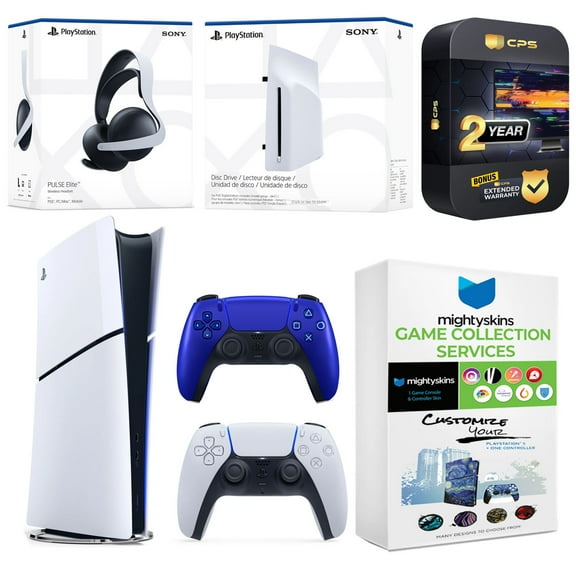 Sony PlayStation 5 Slim Digital Bundle with Disc Drive, Extra Controller, Pulse Elite Headset, MightySkins Game Collection and 2 Year Extended Warranty - Cobalt Blue