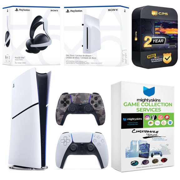 Sony PlayStation 5 Slim Digital Bundle with Disc Drive, Extra Controller, Pulse Elite Headset, MightySkins Game Collection and 2 Year Extended Warranty - Gray Camo