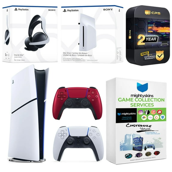 Sony PlayStation 5 Slim Digital Bundle with Disc Drive, Extra Controller, Pulse Elite Headset, MightySkins Game Collection and 2 Year Extended Warranty - Volcanic Red