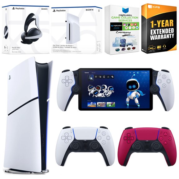Sony PlayStation 5 Slim Digital Bundle with Disc Drive, Extra Controller, Pulse Elite Headset, PlayStation Portal,  MightySkins Game Collection Services and 1 Year Extended Warranty - Cosmic Red