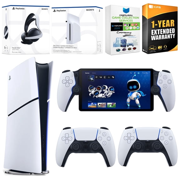 Sony PlayStation 5 Slim Digital Bundle with Disc Drive, Extra Controller, Pulse Elite Headset, PlayStation Portal,  MightySkins Game Collection Services and 1 Year Extended Warranty - Glacier White
