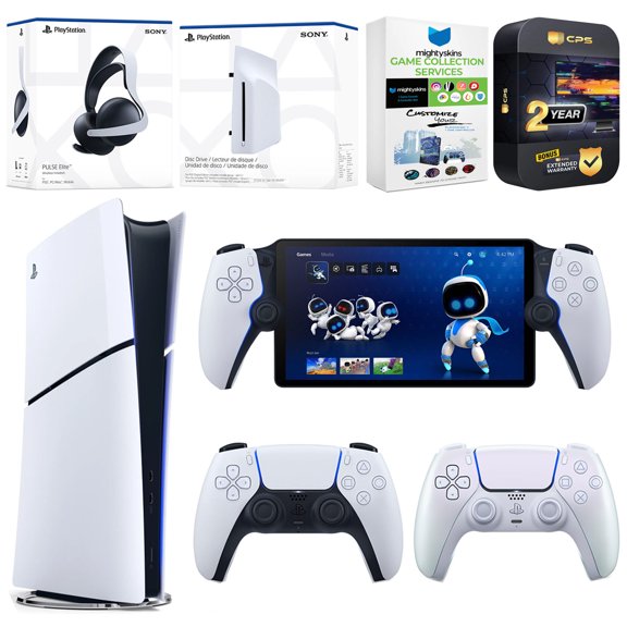 Sony PlayStation 5 Slim Digital Bundle with Disc Drive, Extra Controller, Pulse Elite Headset, PlayStation Portal, MightySkins Game Collection Services and 2 Year Extended Warranty - Chroma Pearl