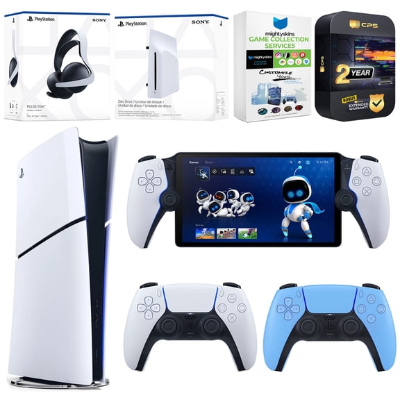 Sony PlayStation 5 Slim Digital Bundle with Disc Drive, Extra Controller, Pulse Elite Headset, PlayStation Portal,  MightySkins Game Collection Services and 2 Year Extended Warranty - Starlight Blue