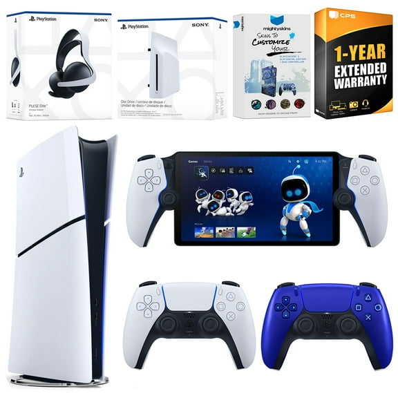 Sony PlayStation 5 Slim Digital Bundle with Disc Drive, Extra Controller, Pulse Elite Headset, PlayStation Portal,  MightySkins Voucher and 1 Year Extended Warranty - Cobalt Blue