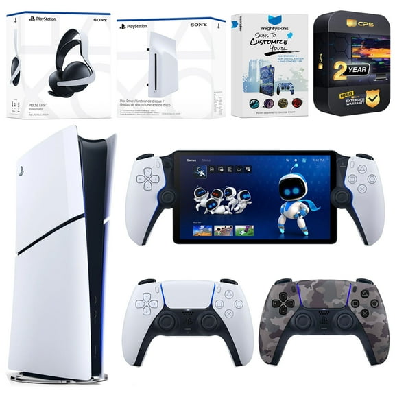 Sony PlayStation 5 Slim Digital Bundle with Disc Drive, Extra Controller, Pulse Elite Headset, PlayStation Portal,  MightySkins Voucher and 2 Year Extended Warranty - Gray Camo