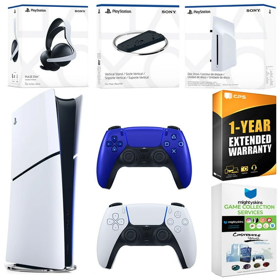 Sony PlayStation 5 Slim Digital Bundle with Disc Drive, Extra Controller, Pulse Elite Headset, Vertical Stand, MightySkins Game Collection Services and 1 Year Extended Warranty - Cobalt Blue