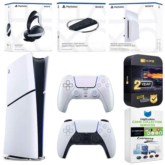 Sony PlayStation 5 Slim Digital Bundle with Disc Drive, Extra Controller, Pulse Elite Headset, Vertical Stand, MightySkins Game Collection Services and 2 Year Extended Warranty - Chroma Pearl