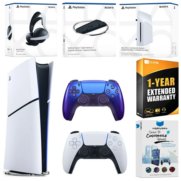 Sony PlayStation 5 Slim Digital Bundle with Disc Drive, Extra Controller, Pulse Elite Headset, Vertical Stand, MightySkins Voucher and 1 Year Extended Warranty - Chroma Indigo