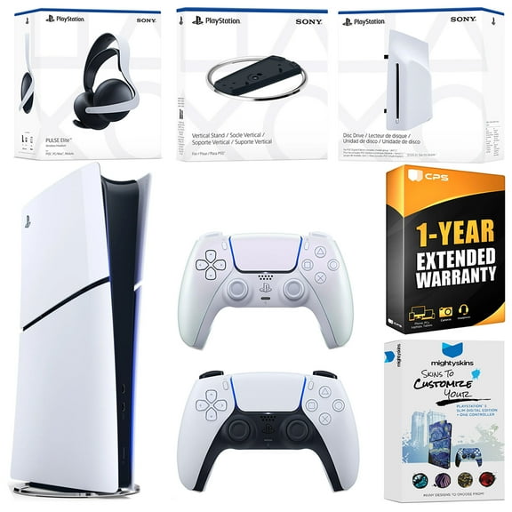 Sony PlayStation 5 Slim Digital Bundle with Disc Drive, Extra Controller, Pulse Elite Headset, Vertical Stand, MightySkins Voucher and 1 Year Extended Warranty - Chroma Pearl