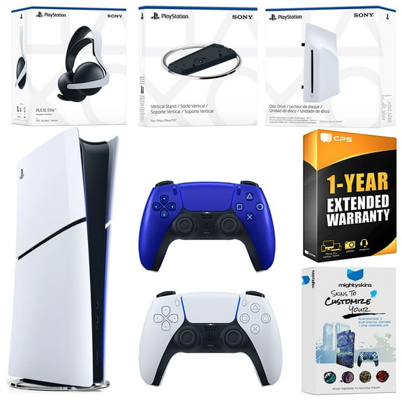 Sony PlayStation 5 Slim Digital Bundle with Disc Drive, Extra Controller, Pulse Elite Headset, Vertical Stand, MightySkins Voucher and 1 Year Extended Warranty - Cobalt Blue