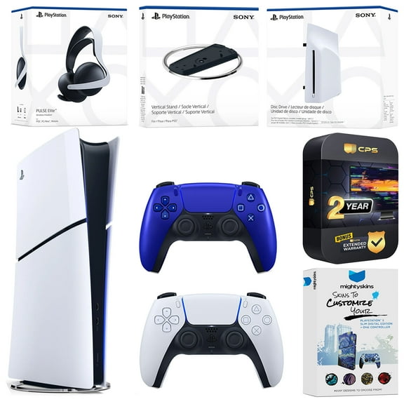 Sony PlayStation 5 Slim Digital Bundle with Disc Drive, Extra Controller, Pulse Elite Headset, Vertical Stand, MightySkins Voucher and 2 Year Extended Warranty - Cobalt Blue