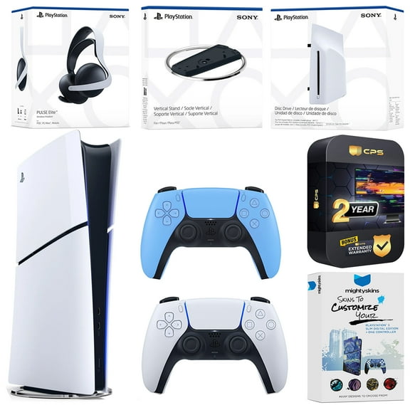 Sony PlayStation 5 Slim Digital Bundle with Disc Drive, Extra Controller, Pulse Elite Headset, Vertical Stand, MightySkins Voucher and 2 Year Extended Warranty - Starlight Blue
