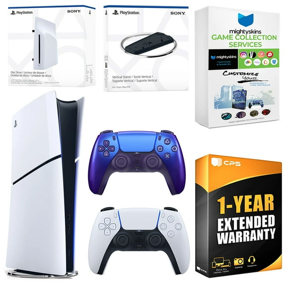 Sony PlayStation 5 Slim Digital Bundle with Disc Drive, Extra Controller, Vertical Stand, MightySkins Game Collection Services and 1 Year Extended Warranty - Chroma Indigo