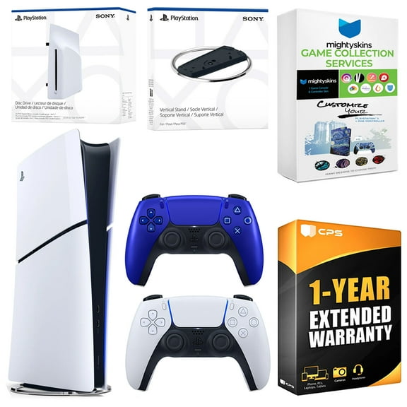 Sony PlayStation 5 Slim Digital Bundle with Disc Drive, Extra Controller, Vertical Stand, MightySkins Game Collection Services and 1 Year Extended Warranty - Cobalt Blue