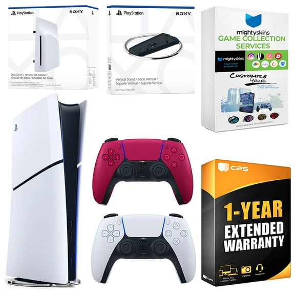 Sony PlayStation 5 Slim Digital Bundle with Disc Drive, Extra Controller, Vertical Stand, MightySkins Game Collection Services and 1 Year Extended Warranty - Cosmic Red