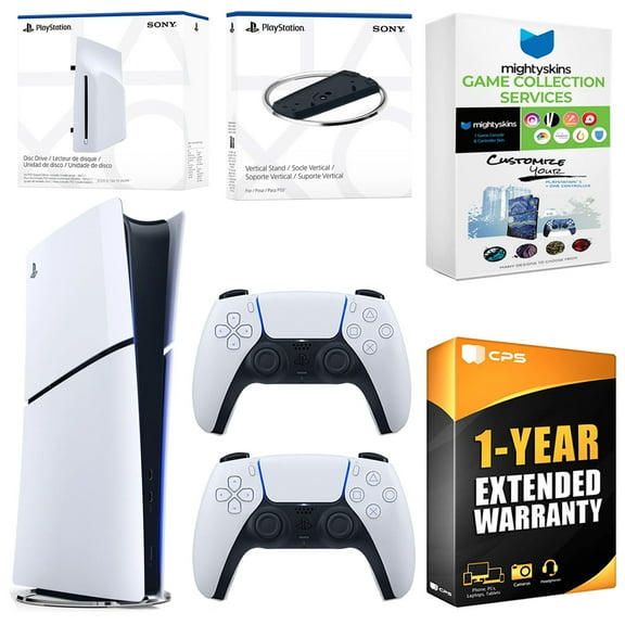 Sony PlayStation 5 Slim Digital Bundle with Disc Drive, Extra Controller, Vertical Stand, MightySkins Game Collection Services and 1 Year Extended Warranty - Glacier White