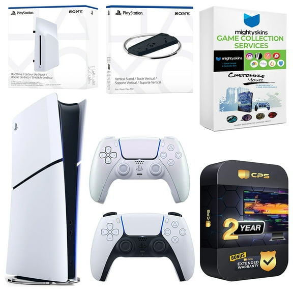 Sony PlayStation 5 Slim Digital Bundle with Disc Drive, Extra Controller, Vertical Stand, MightySkins Game Collection Services and 2 Year Extended Warranty - Chroma Pearl