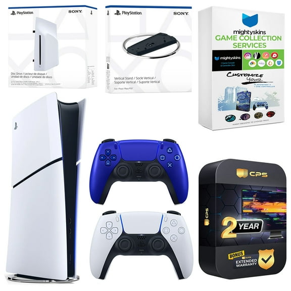 Sony PlayStation 5 Slim Digital Bundle with Disc Drive, Extra Controller, Vertical Stand, MightySkins Game Collection Services and 2 Year Extended Warranty - Cobalt Blue