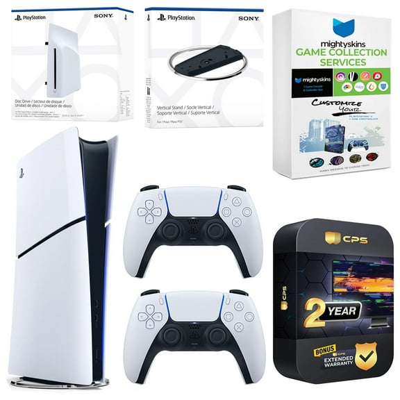 Sony PlayStation 5 Slim Digital Bundle with Disc Drive, Extra Controller, Vertical Stand, MightySkins Game Collection Services and 2 Year Extended Warranty - Glacier White
