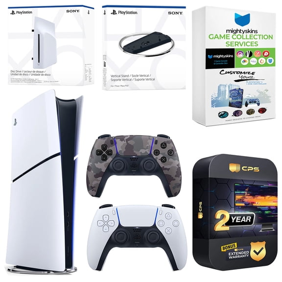 Sony PlayStation 5 Slim Digital Bundle with Disc Drive, Extra Controller, Vertical Stand, MightySkins Game Collection Services and 2 Year Extended Warranty - Gray Camo