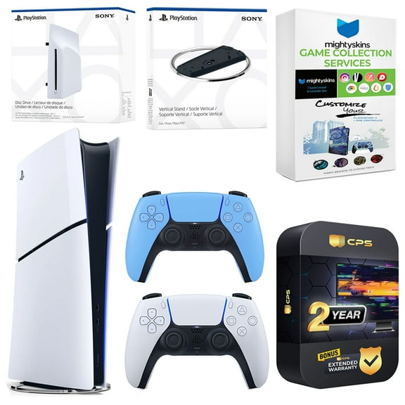 Sony PlayStation 5 Slim Digital Bundle with Disc Drive, Extra Controller, Vertical Stand, MightySkins Game Collection Services and 2 Year Extended Warranty - Starlight Blue