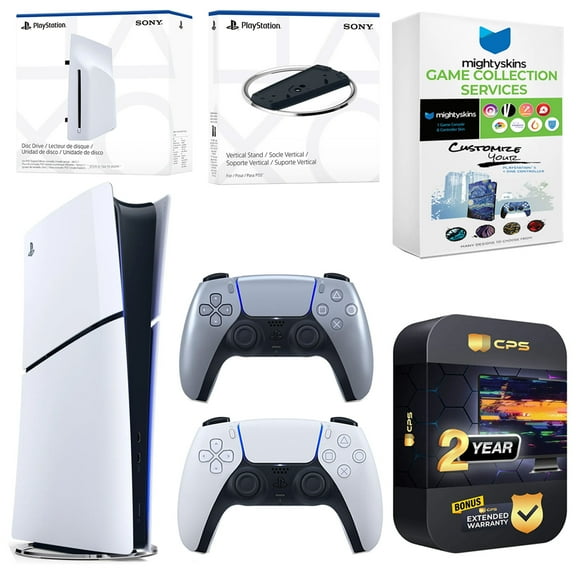 Sony PlayStation 5 Slim Digital Bundle with Disc Drive, Extra Controller, Vertical Stand, MightySkins Game Collection Services and 2 Year Extended Warranty - Sterling Silver