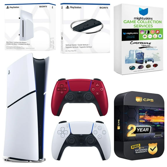 Sony PlayStation 5 Slim Digital Bundle with Disc Drive, Extra Controller, Vertical Stand, MightySkins Game Collection Services and 2 Year Extended Warranty - Volcanic Red