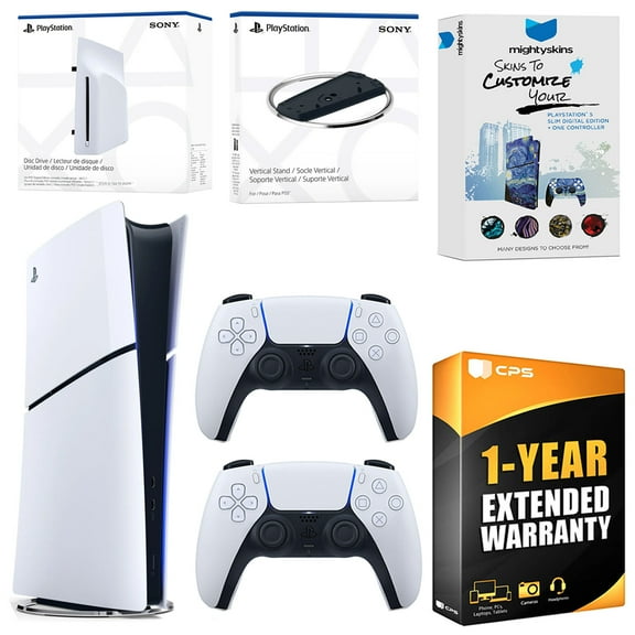 Sony PlayStation 5 Slim Digital Bundle with Disc Drive, Extra Controller, Vertical Stand, MightySkins Voucher and 1 Year Extended Warranty - Glacier White