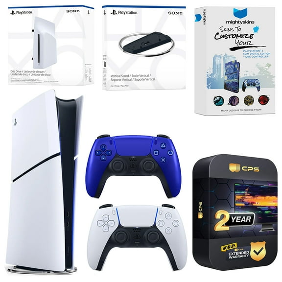 Sony PlayStation 5 Slim Digital Bundle with Disc Drive, Extra Controller, Vertical Stand, MightySkins Voucher and 2 Year Extended Warranty - Cobalt Blue