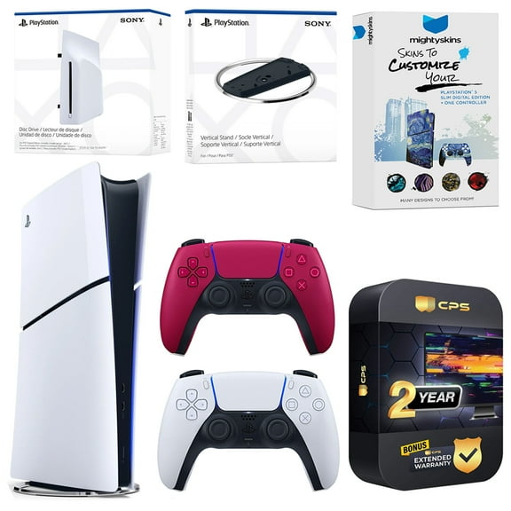Sony PlayStation 5 Slim Digital Bundle with Disc Drive, Extra Controller, Vertical Stand, MightySkins Voucher and 2 Year Extended Warranty - Cosmic Red