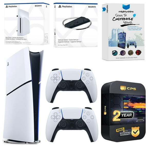 Sony PlayStation 5 Slim Digital Bundle with Disc Drive, Extra Controller, Vertical Stand, MightySkins Voucher and 2 Year Extended Warranty - Glacier White