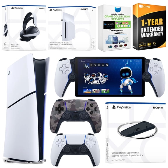 Sony PlayStation 5 Slim Digital Bundle with Disc Drive, Stand, Extra Controller, Pulse Elite Headset, PlayStation Portal, MightySkins Voucher and 1 Year Extended Warranty - Gray Camo