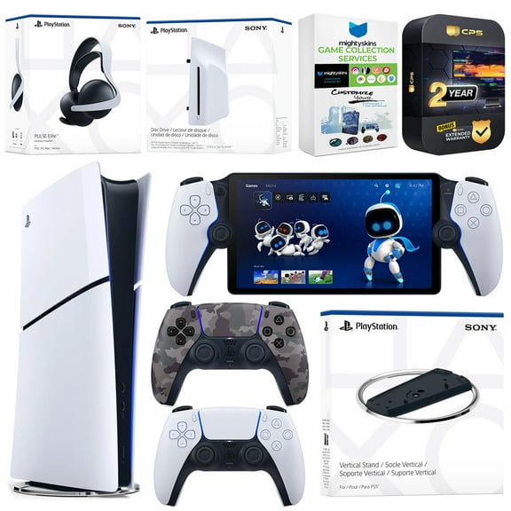 Sony PlayStation 5 Slim Digital Bundle with Disc Drive, Stand, Extra Controller, Pulse Elite Headset, PlayStation Portal,  MightySkins Game Collection Services and 2 Year Extended Warranty - Gray Camo