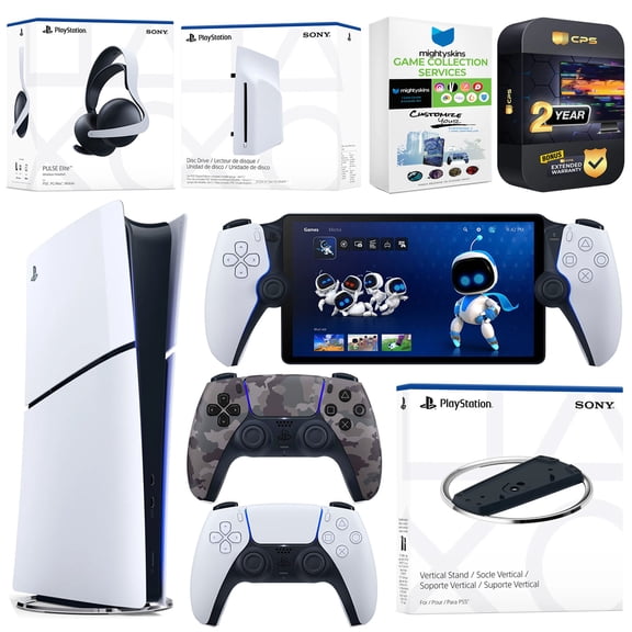 Sony PlayStation 5 Slim Digital Bundle with Disc Drive, Stand, Extra Controller, Pulse Elite Headset, PlayStation Portal,  MightySkins Voucher and 2 Year Extended Warranty - Gray Camo
