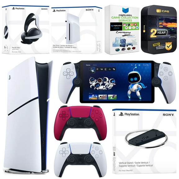 Sony PlayStation 5 Slim Digital Bundle with Disc Drive, Stand, Extra Controller, Pulse Elite Headset, PlayStation Portal, MightySkins Voucher and 2 Year Extended Warranty - Cosmic Red