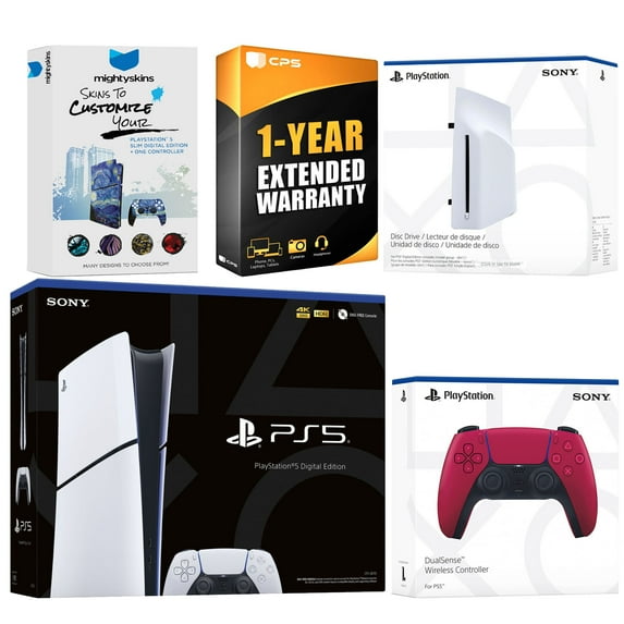 Sony PlayStation 5 Slim Digital Bundle with Disc Drive, Extra Controller, MightySkins Code and 1 Year Extended Warranty - Cosmic Red