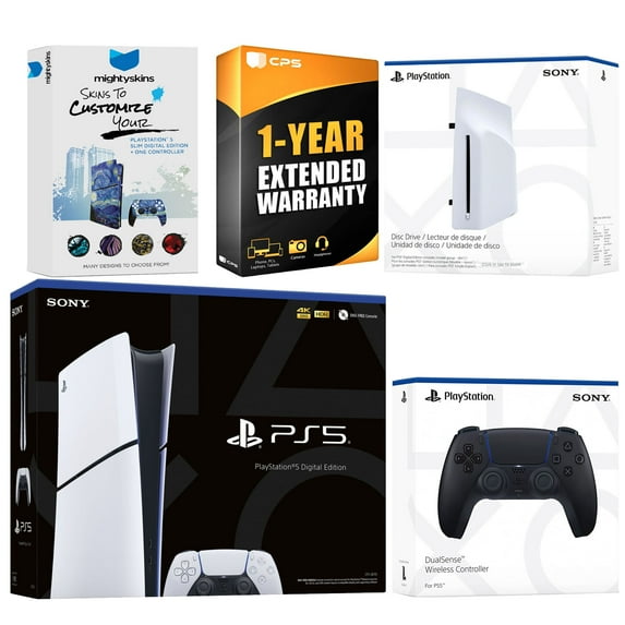 Sony PlayStation 5 Slim Digital Bundle with Disc Drive, Extra Controller, MightySkins Code and 1 Year Extended Warranty - Midnight Black