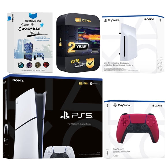 Sony PlayStation 5 Slim Digital Bundle with Disc Drive, Extra Controller, MightySkins Code and 2 Year Extended Warranty - Cosmic Red