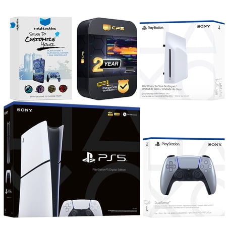 Sony PlayStation 5 Slim Digital Bundle with Disc Drive, Extra Controller, MightySkins Code and 2 Year Extended Warranty - Sterling Silver