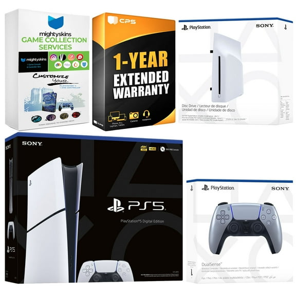 Sony PlayStation 5 Slim Digital Bundle with Disc Drive, Extra Controller, MightySkins Game Collection and 1 Year Extended Warranty - Sterling Silver