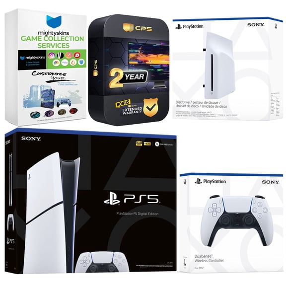 Sony PlayStation 5 Slim Digital Bundle with Disc Drive, Extra Controller, MightySkins Game Collection and 2 Year Extended Warranty - Glacier White