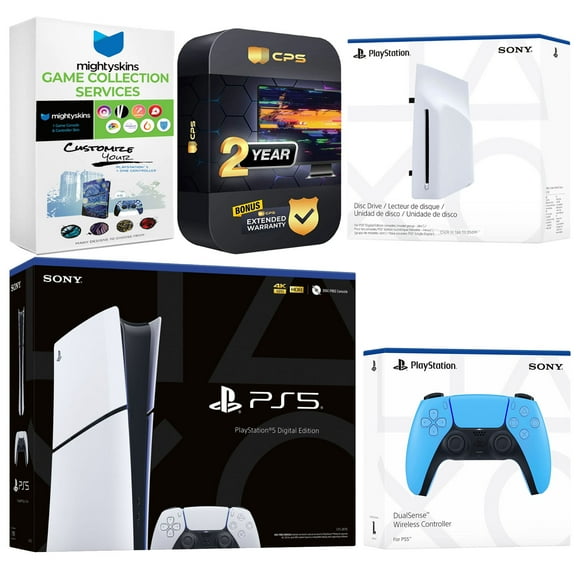 Sony PlayStation 5 Slim Digital Bundle with Disc Drive, Extra Controller, MightySkins Game Collection and 2 Year Extended Warranty - Starlight Blue