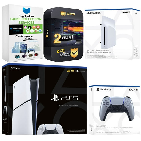 Sony PlayStation 5 Slim Digital Bundle with Disc Drive, Extra Controller, MightySkins Game Collection and 2 Year Extended Warranty - Sterling Silver