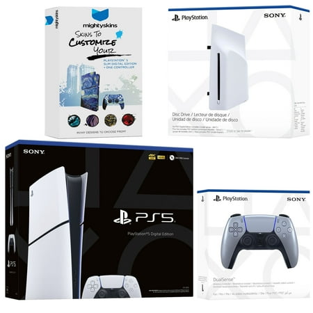 Sony PlayStation 5 Slim Digital Bundle with Disc Drive, Extra Controller and MightySkins Code - Sterling Silver