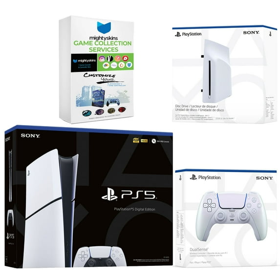 Sony PlayStation 5 Slim Digital Bundle with Disc Drive, Extra Controller and MightySkins Game Collection - Chroma Pearl