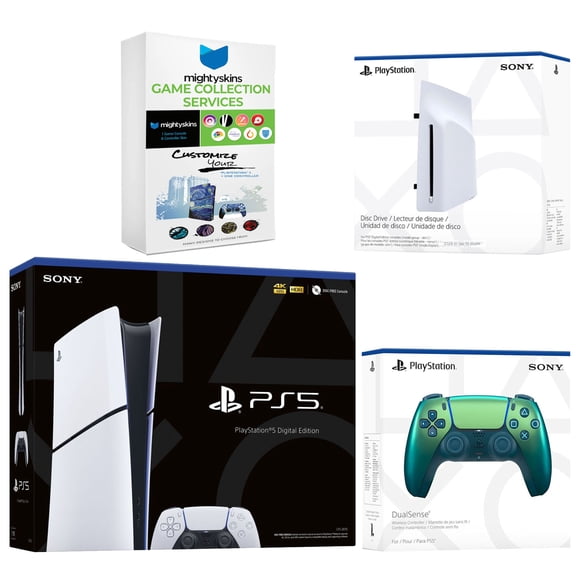 Sony PlayStation 5 Slim Digital Bundle with Disc Drive, Extra Controller and MightySkins Game Collection - Chroma Teal