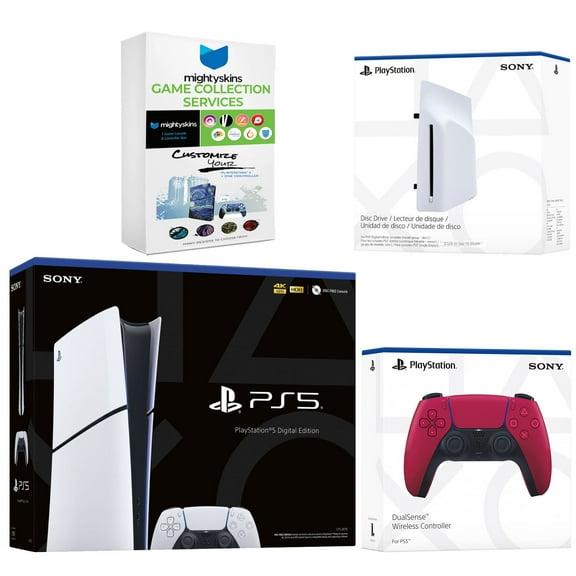 Sony PlayStation 5 Slim Digital Bundle with Disc Drive, Extra Controller and MightySkins Game Collection - Cosmic Red
