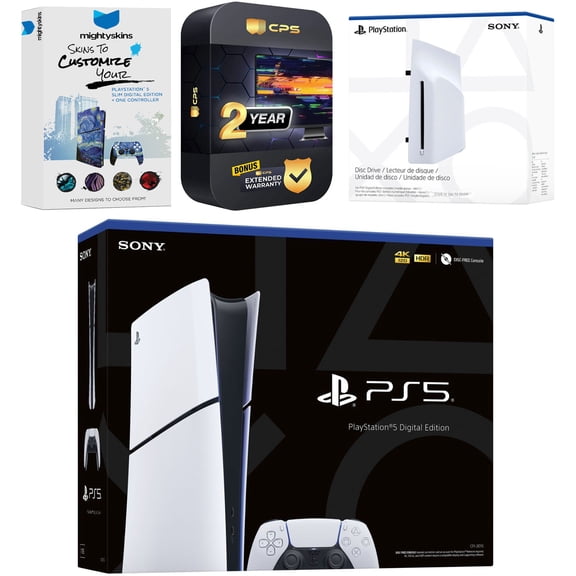 Sony PlayStation 5 Slim Digital Bundle with Disc Drive, MightySkins Code and 2 Year Extended Warranty