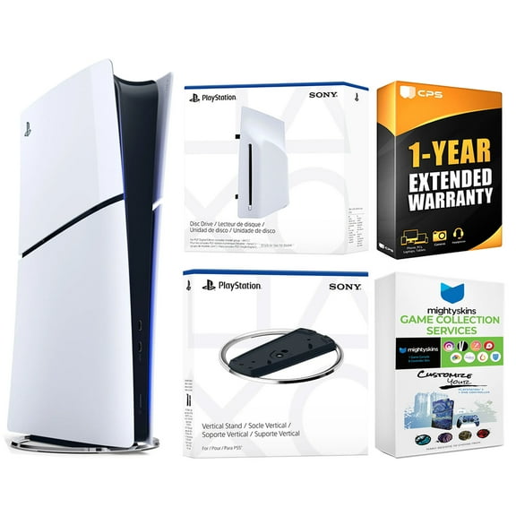Sony PlayStation 5 Slim Digital Bundle with Disc Drive, Vertical Stand, MightySkins Game Collection Services, and 1 Year Extended Warranty