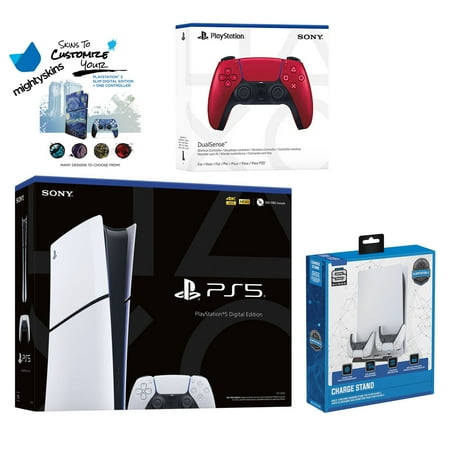 Sony PlayStation 5 Slim Digital Bundle with Extra Volcanic Red Controller, Charging USB HUB and MightySkins Decal Voucher